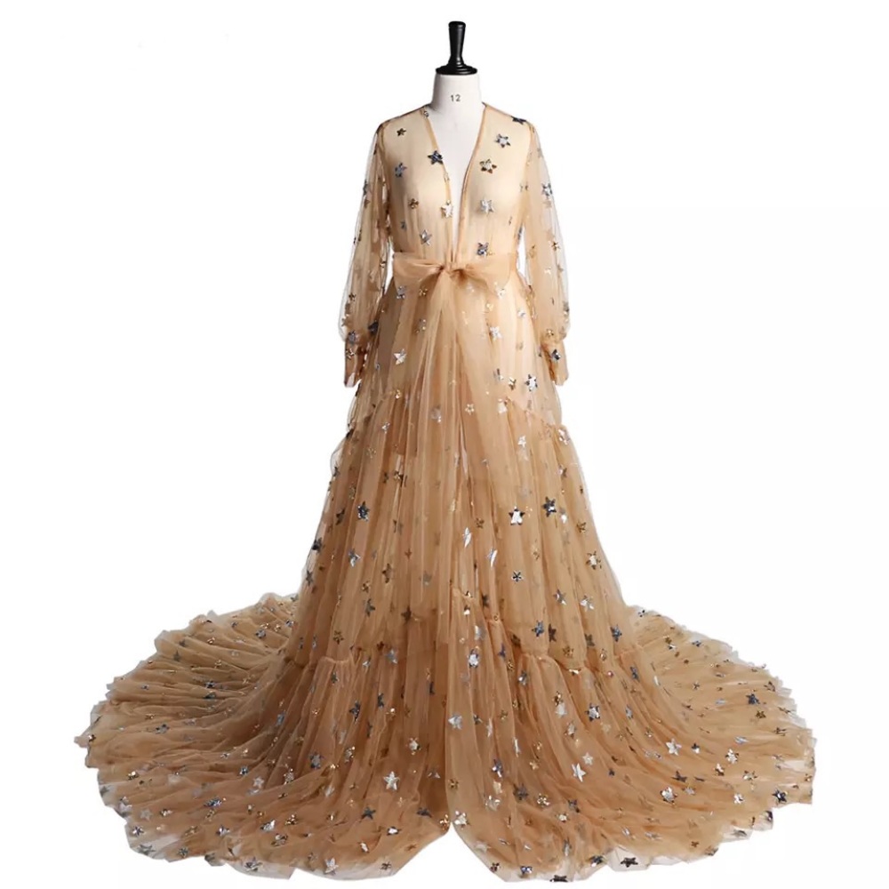 Golden honey colored celestial star maternity photo shoot dress gown